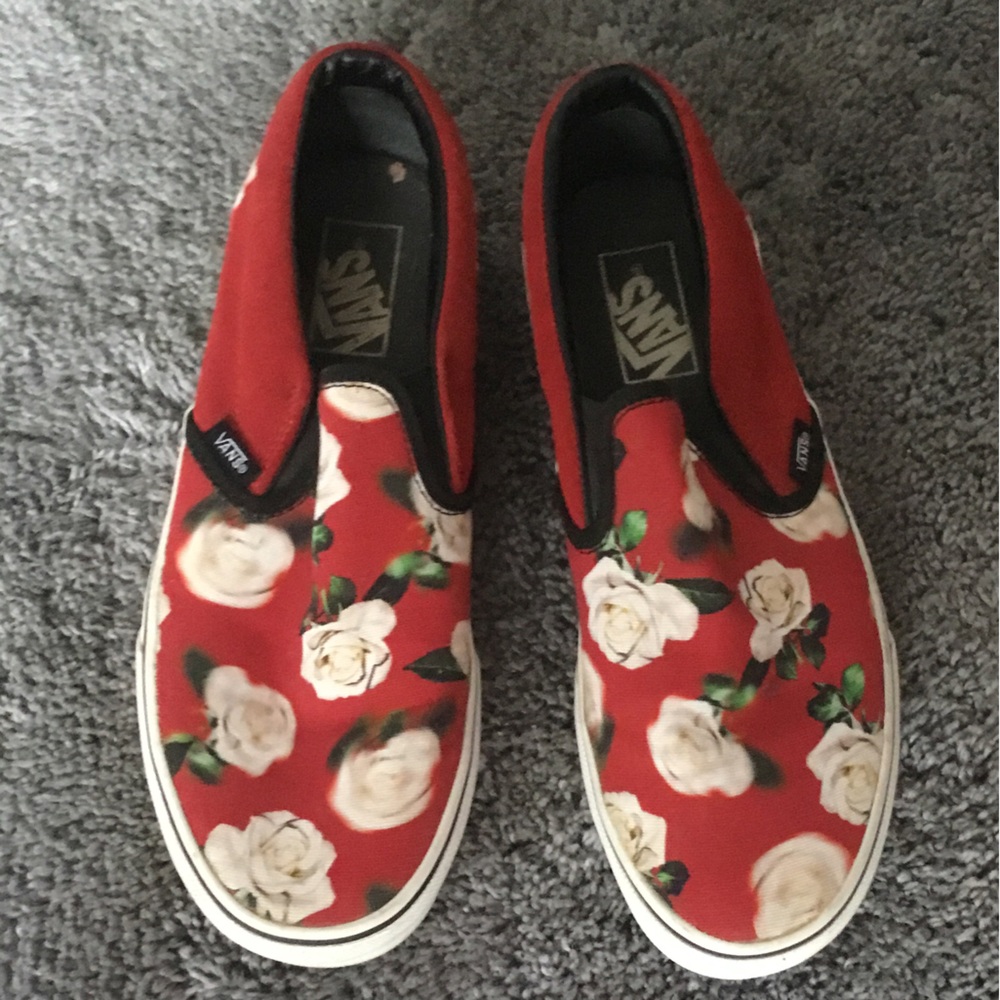 Woman 9.5 slip on Vans with red suede panel
